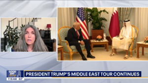 Cecile Shea on Fox 32 Chicago with a split screen showing Trump's visit to the Middle East