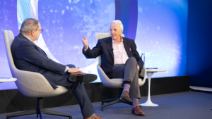 A photo of Ivo Daalder speaking with a guest onstage at the Chicago Council Conference Center.