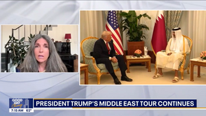 Cecile Shea on Fox 32 Chicago with a split screen showing Trump's visit to the Middle East.