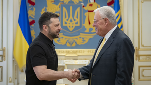 Ukrainian President Volodymyr Zelenskyy shakes hands with Joseph Keith Kellogg, United States Special Envoy for Ukraine and Russia, in Kyiv, Ukraine on July 14, 2025.