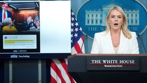 White House press secretary Karoline Leavitt speaks as an image of President Donald Trump in the Situation Room of the White House is shown on a monitor as he authorized strikes that hit nuclear sites in Iran