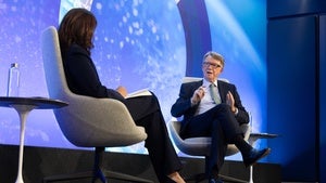 Leslie Vinjamuri and Ambassador Peter Mandelson on the Council's stage