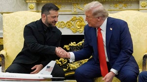 Volodymyr Zelenskyy and Donald Trump shake hands