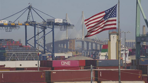 Shipping containers are stacked up at the Port of Los Angeles on April 9, 2025.