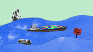 Collage of a cargo ship in water