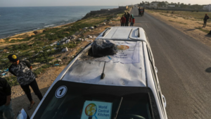 Vehicle with the World Central Kitchen logo wrecked by an Israeli airstrike