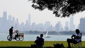 Chicagoans enjoy a day on the lakefront as Lake Michigan and the skyline loom in the background.