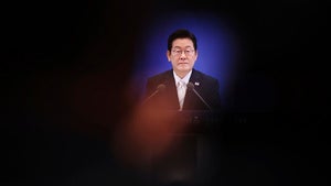 South Korean President Lee Jae Myung attends a news conference to mark 100 days in office