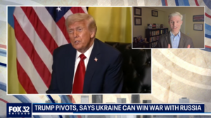 Paul Poast appears on a video screen that is also showing an image of President Donald Trump