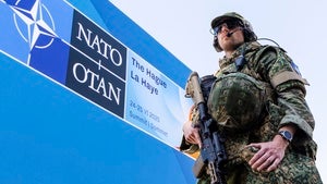 Security patrol around the perimeter of the venue in The Hague, Netherlands on June 23, 2025.