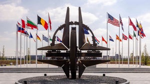 Flags of NATO alliance members flap in the wind