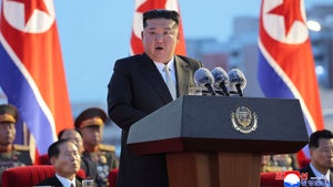 North Korean leader Kim Jong Un speaks during a ceremony in Pyongyang