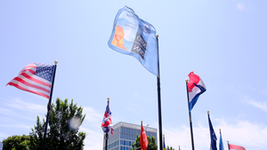 Flags of NATO countries fly at NATO headquarters.