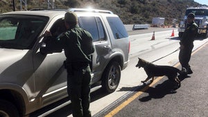 US Border Patrol agents and a dog check a vehicle at a checkpoint in California.