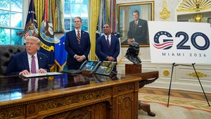President Donald Trump speaks in the Oval Office of the White House as Treasury Secretary Scott Bessent and Miami Mayor Francis Suarez listen