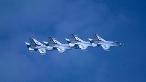The United States Air Force Thunderbirds perform during the Pacific Airshow in Huntington Beach, California, on October 4, 2024.
