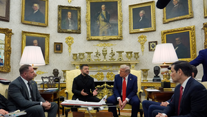 President Donald Trump meets with Ukrainian President Volodymyr Zelenskyy in the Oval Office on August 18, 2025.