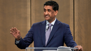 Congressman Ro Khanna speaks at a podium to the City Club of Cleveland on April 14, 2025.