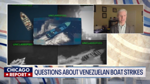 Paul Poast speaks via a video inlay over footage of US strikes on Venezuelan boats