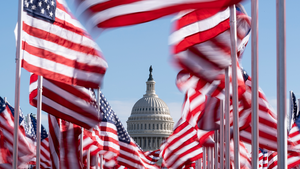 American flags lined up in front of the US Capitol ahead of President Joe Biden's inauguration on January 18, 2021.