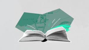 Collage of an open book with a map of the Gaza Strip in the background