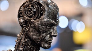 A metal head made of motor parts symbolizing artificial intelligence