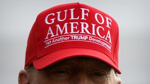  President Donald Trump wears a hat with the slogan Gulf of America