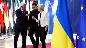 European Council President Antonio Costa, Ukraine's President Volodymyr Zelenskyy and European Commission President Ursula von der Leyen arrive for an EU Summit at the European Council building in Brussels, March 6, 2025