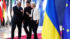 European Council President Antonio Costa, Ukraine's President Volodymyr Zelenskyy and European Commission President Ursula von der Leyen arrive for an EU Summit