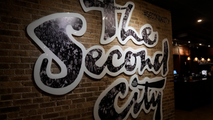 A sign reading "The Second City" in one of the comedy club's Chicago organizations.