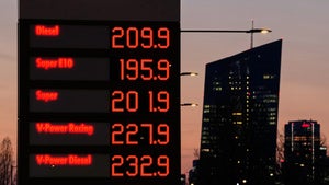Gas prizes are displayed at a gas station near the European Central Bank in Frankfurt, Germany