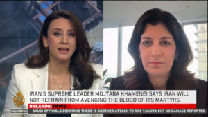 Leslie Vinjamuri joining an Al Jazeera newscast over video call.