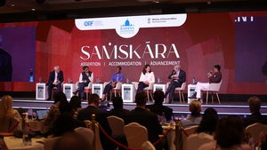 Panelists on stage at the 2026 Raisina Dialogue.