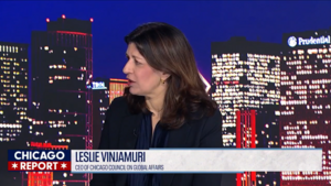 Leslie Vinjamuri speaks in the Fox 32 studio