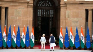 Indian Prime Minister Narendra Modi talks to European Commission President Ursula von der Leyen