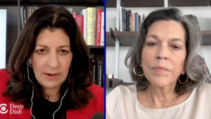 Screenshot of two people talking over virtual meeting