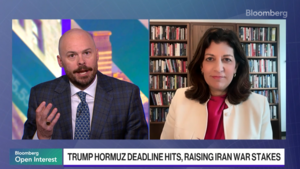 Leslie Vinjamuri talks with a Bloomberg journalist via video