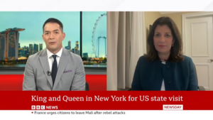 Leslie Vinjamuri talks with a BBC News journalist