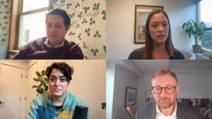 Ariane Tabatabai and other podcast guests on a screen