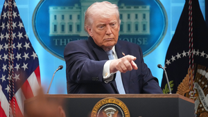 President Trump points at reporters during a news conference at the White House on April 6, 2026.