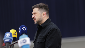 Ukrainian President Volodymyr Zelenskyy speaks with the media at a meeting of the European Political Community in Yerevan, Armenia on May 4, 2026.