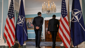 Secretary of State Marco Rubio, right, and NATO Secretary General Mark Rutte, left, depart a photo opportunity at the State Department on April 8, 2026.
