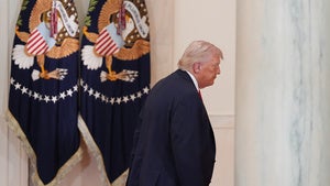President Donald Trump departs from making remarks on the Iran war