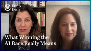 Leslie Vinjamuri and Anne Neuberger speaking over video call.
