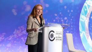 Council Board Director Heather Russell delivering introduction remarks at the Global Economy Dialogue Series.