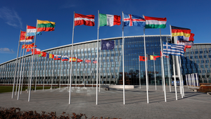 Flags of the NATO members countries fly outside NATO headquarters in Brussels, Belgium on February 7, 2022.