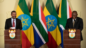 Ethiopia's Prime Minister Abiy Ahmed and South African President Cyril Ramaphosa smile during a joint press conference in Pretoria, South Africa on January 12, 2020.