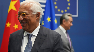 European Council President Antonio Costa walks away from Chinese Foreign Minister Wang Yi at the European Council building in Brussels, Belgium on July 2, 2025.