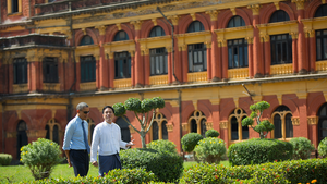 President Barack Obama and Thant Myint-U tour the Secretariat Building in Yangon, Myanmar on November 14, 2014.