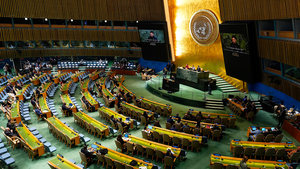 Ukrainian President Volodymyr Zelenskyy speaks during the 80th session of the United Nations General Assembly on September 24, 2025.